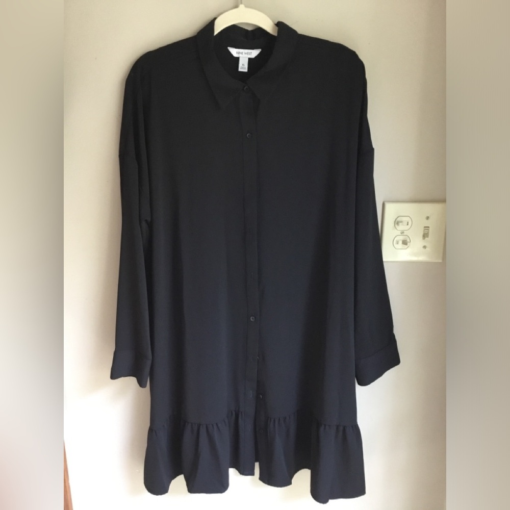 Nine West Black Long-Sleeve Button-Down Shirt Dress